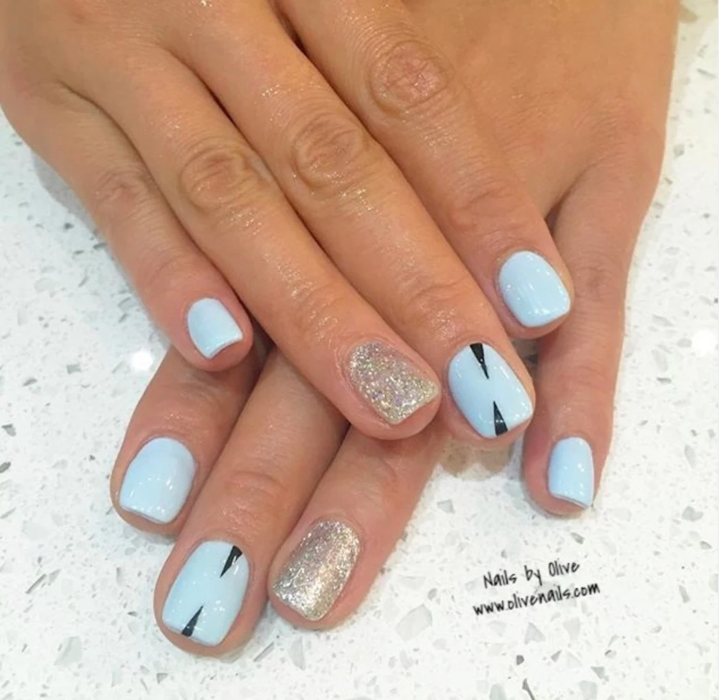 Baby blue gel with gold glitter accent, Queen Nails Bar and Spa