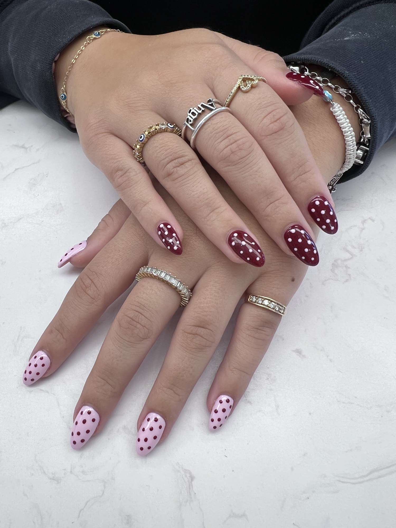 Burgundy and pink polka dot nail art, Queen Nails Bar, Woodbridge, Vaughan