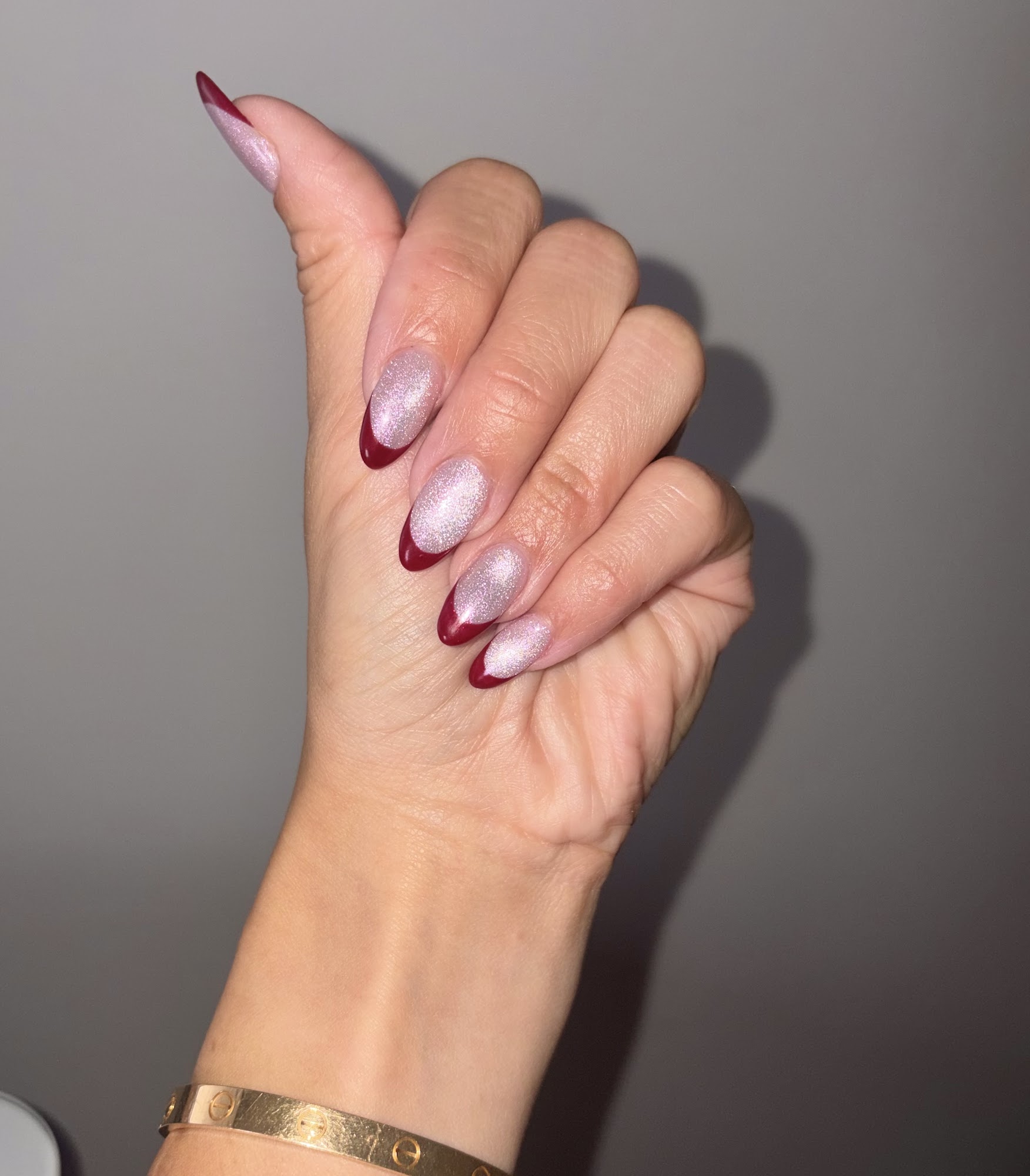 Shimmer red French tip gel nails, Queen Nails Bar, Woodbridge, Vaughan